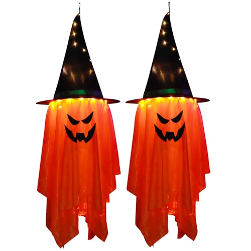 Halloween Hängelicht Deko, Halloween Lichterkette Fliegende Geisterhüte, Hängende Geister mit Hexenhut, LED-Geist-Lampe für Karneval Party Halloween Terrasse Baum Veranda Deko (Orange Farbe,2 Stück) von Hekasvm