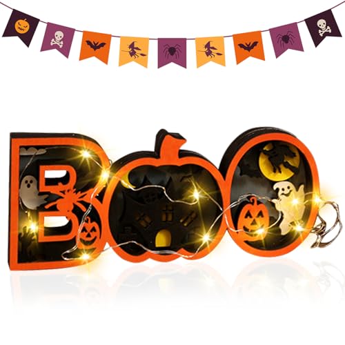 Halloween Tisch Dekoration, Holz Beleuchteter Shadow Box Dekoration Ornamente, LED Laterne mit Batterie, für Halloween-Schild Indoor Kamin Schreibtisch Küche Tisch Ornament (BOO) von Hekasvm