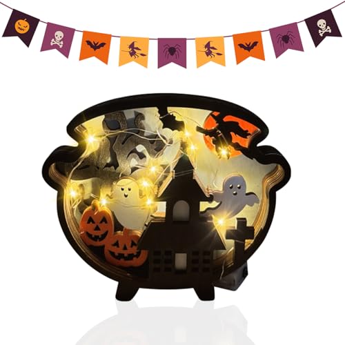 Halloween Tisch Dekoration, Holz Beleuchteter Shadow Box Dekoration Ornamente, LED Laterne mit Batterie, für Halloween-Schild Indoor Kamin Schreibtisch Küche Tisch Ornament (Zaubertopf) von Hekasvm