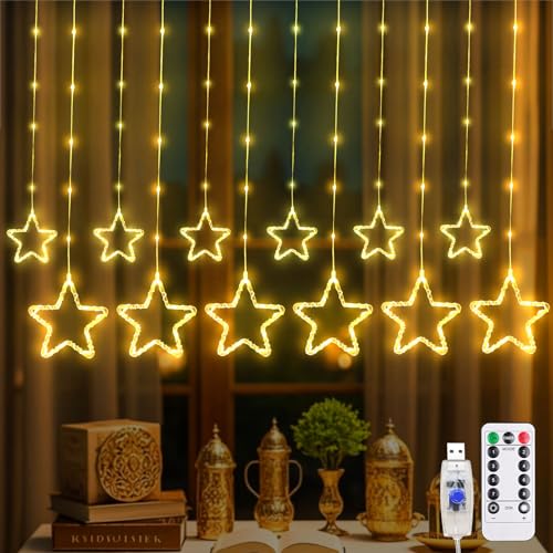 Hekasvm LED Ramadan Sterne Lichterkette mit Fernbedienung und Timer, 8 Lichtmodus, 3.5x5m Ramadan Deko Fensterbeleuchtung mit 12er Sterne, USB Lichtervorhang Innen Sterne Mond von Hekasvm