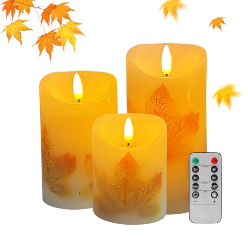 Led Kerzen, Flammenloses Kerzenlichter, 10cm, 12cm, 15cm, 3er-Set Flackernde Ahornblatt-LED-Kerzen mit Fernbedienung und Timer,Elektrische Kerzen für Herbst Dekor, Weihnachten (Wick B) von Hekasvm