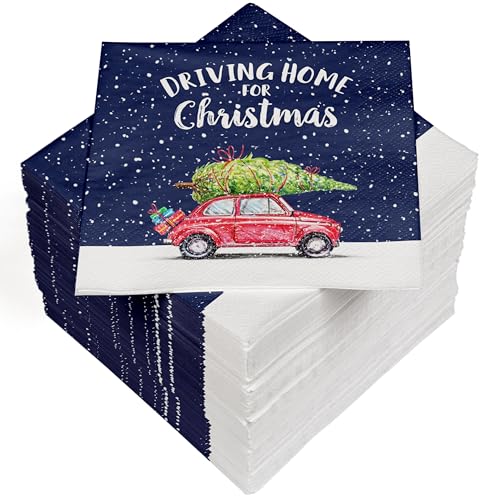 HEKU 100 Servietten, 3-lagig, 33x33cm, "Driving Home for Christmas"-Schriftzug I Saugstark und praktisch verpackt I Breite Auswahl I Ideal für besondere Anlässe von Heku