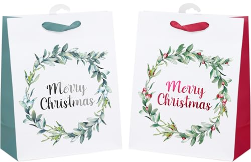 HEKU 24 XL Weihnachts-Geschenktaschen, 33x26x13cm I Merry Christmas Kranz mit Hotfoil-Veredelung I Zwei Farben I Inklusive Klappkärtchen I Hochwertiges Papier I Ideal für große Weihnachtsgeschenke von Heku