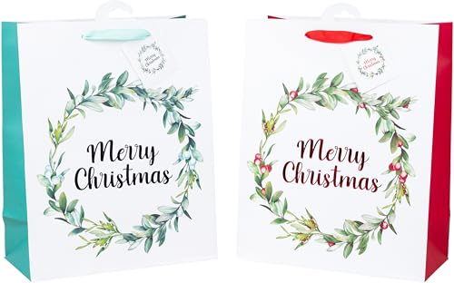 HEKU 24 XL Weihnachts-Geschenktaschen, 33x26x13cm I Merry Christmas Kranz mit Hotfoil-Veredelung I Zwei Farben I Inklusive Klappkärtchen I Hochwertiges Papier I Ideal für große Weihnachtsgeschenke von Heku