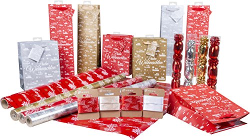 HEKU 52-tlg. Geschenkeverpackungsset 'Merry X-Mas' I Geschenkpapier, Flaschentaschen, Geschenktaschen, Geschenkbändern, Eiknäuel und Minischleifen I Hochwertiges, stilvoll für alle Anlässe von Heku