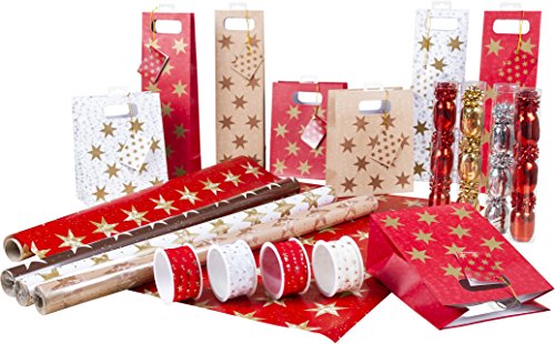 HEKU 52-tlg. Geschenkeverpackungsset 'Sterne' I Geschenkpapier, Flaschentaschen, Geschenktaschen, Geschenkbändern, Eiknäuel und Minischleifen I Hochwertiges, stilvoll für alle Anlässe von Heku