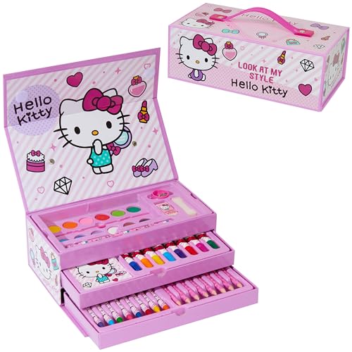 Hello Kitty Malkasten Kinder mit Wasserfarben, Buntstifte, Wachsmalstifte & Bastel Sachen - Geschenke für Mädchen (Rosa) von Hello Kitty