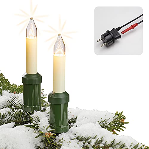 hellum Lichterkette Weihnachtsbaum Made in Germany, Weihnachtsbeleuchtung außen, Filament Schaftkerzenkette 20 tlg klar, Christbaumkerzen elfenbein, Kabelfarbe schwarz <59 Lumen 845501 von hellum