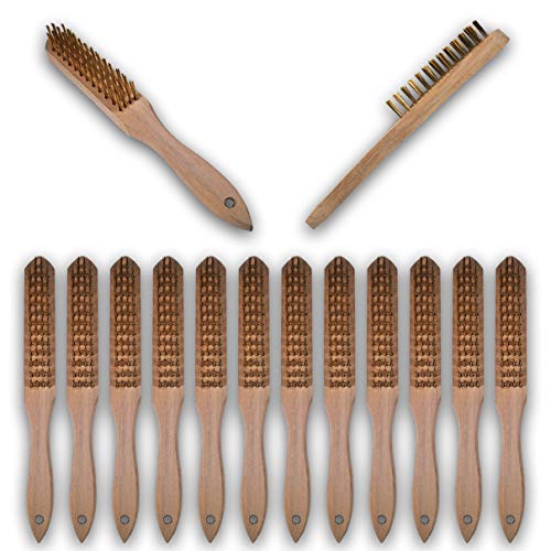 HELO 12er Set Drahtbürsten 4-reihig mit 18 Drähten pro Loch und stabilem Holzgriff, Stahldrahtbürste Maße: Länge des Holzes: 28,5 cm, Breite des Holzes: 3,5 cm, Länge des Drahtes: 2,5 cm von Helo