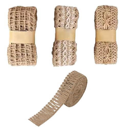 Juteband, Burlap Band, Sackleinen Band, Vintage Geschenkband, Dekoband Jute, für Diy Handwerk Verpackung, Geschenk, Hochzeit, Weihnachten, Esstisch, Blumenstrauß Dekoration, 4 Stück von Helweet