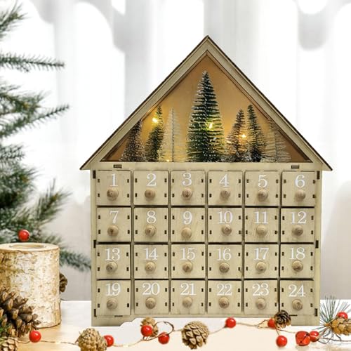 Holz Adventskalender 2024, 10.2x11.8 Zoll Weihnachtsfest -Adventskalender -Haus mit 24 Schubladen und LED -Licht, beleuchtete Weihnachts -Countdown -Ornamente für Tafeldekoration von Hemore