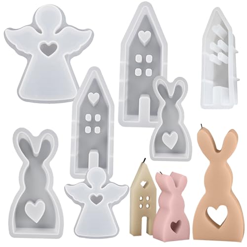 Silikonformen Gießformen Kerzen 7 Stück Silikonform Ostern Haus Hase Engel 3D Kerzenformen Silikon DIY Silikonform Häuser für Valentinstag, Muttertag, Osterngeschenke von Hemousy