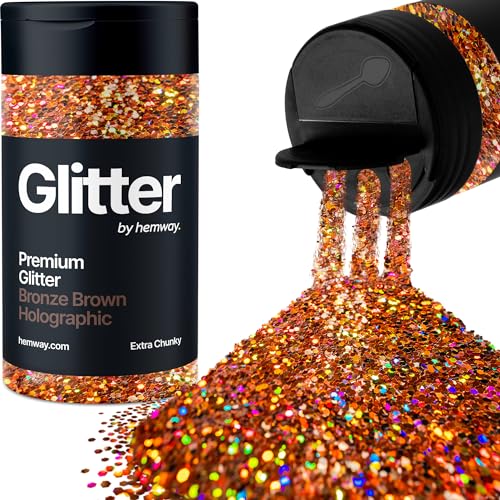 Hemway Bronze Brown Holographic Glitter Extra Chunky 115g/4.1oz Powder Metallic Resin Craft Glitter Flake Sequins for Epoxy Tumblers, Hair Face Body Eye Nail Art Festival, DIY Party Decorations Paint von Hemway