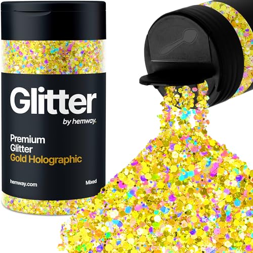 Hemway Chunky Glitzer 105g/3.7oz Mixed Craft Glitzer Puder Pailletten Metallische Flocken für Nail Art Körper Gesicht Auge Haar Fest, Epoxidharz Tumblers Handwerk, Party - Holografischer Gold-Mix von Hemway