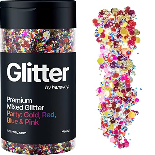 Hemway Chunky Glitzer 105g/3.7oz Mixed Craft Glitzer Puder Pailletten Metallische Flocken für Nail Art Körper Gesicht Auge Haar Fest, Epoxidharz Tumblers Handwerk, Party - Party Mix Gold Rot Blau Rosa von Hemway