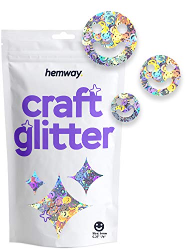 Hemway Craft Glitter - 1/4" 0.25" 6mm - Smiley Face Cosmetic Glitter Shapes For Decoration, Art, Nails, Crafts - Silver Holographic - 50g von Hemway