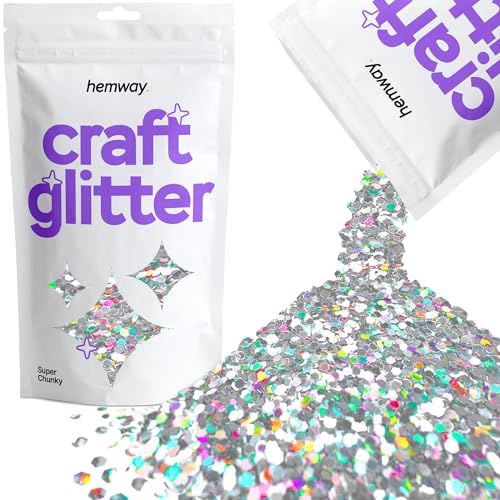 Hemway Craft Glitter Multi Purpose Flakes for Arts Crafts Tumblers Resin Epoxy Nails Wax Scrapbook Glass Schools Decorations - Silver Holographic - Super Chunky (1/8" 0.125" 3mm) 100g / 3.5oz von Hemway