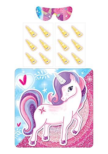 Henbrandt Little Unicorn Dreams Stick the Horn on the Unicorn Kind Partyspiel mit 1 x Poster, 12 x Einhornhorn-Aufkleber, 1 x Verdunkelungs-Augenmaske, ab 3 Jahren von Henbrandt