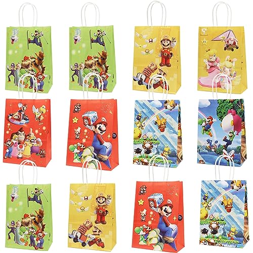 Super Mario Partytüten, 12 Stück Super Klempner Süßigkeitentüten Papiertüten Geschenktüten Kraftpapier Tasche Papiertasche mit Henkel Mitgebsel Kindergeburtstag für Party Zubehör Kinder Geschenke von Hendpock