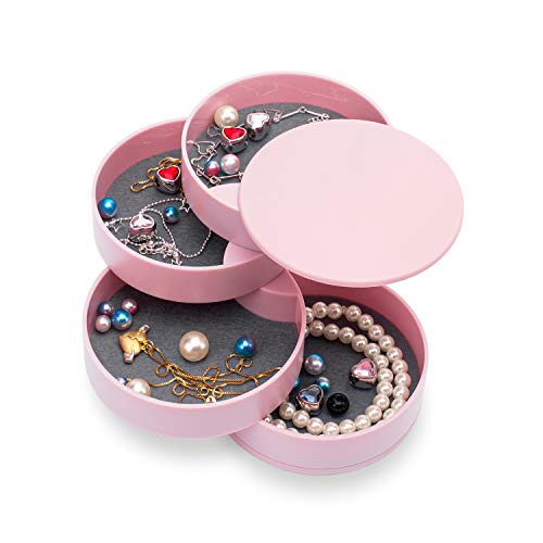 HengLiSam Schmuck Organizer, Kleine Schmuckschatulle Ohrringhalter für Frauen, Schmuck Aufbewahrungsbox 4-lagig Drehbar Schmuck Zubehör Ablageschale mit Deckel für Ringe Armbänder (Rosa) von HengLiSam