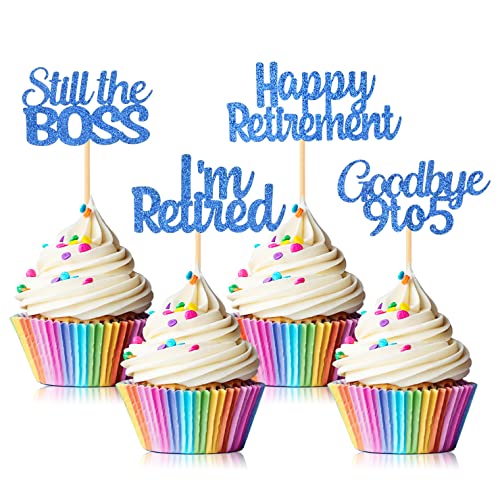 24 Stück Happy Retirement Cupcake Toppers, I'm Retired Still the Boss Goodbye 9 bis 5 Kuchen-Picks Dekorationen für Ruhestand Thema Abschiedsparty (Glitzer Blau) von Hengmerry