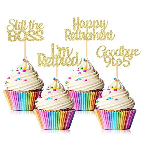 24 Stück Happy Retirement Cupcake Toppers, I'm Retired Still the Boss Goodbye 9 bis 5 Kuchen-Picks Dekorationen für Ruhestand Thema Abschiedsparty (Glitzer Gold) von Hengmerry