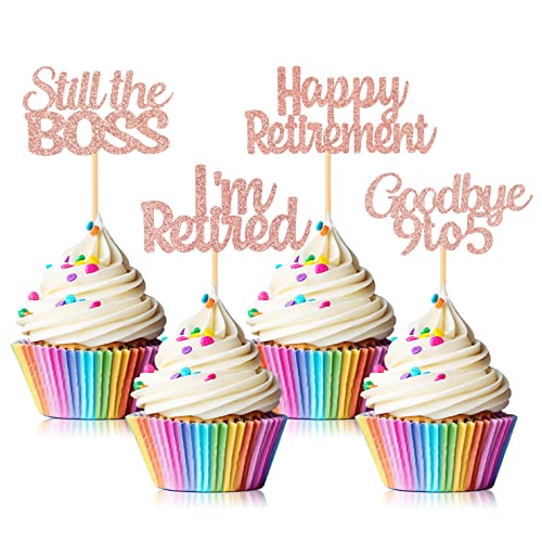 24 Stück Happy Retirement Cupcake Toppers, I'm Retired Still the Boss Goodbye 9 bis 5 Kuchen-Picks Dekorationen für Ruhestand Thema Abschiedsparty (Glitzer Rose Gold) von Hengmerry