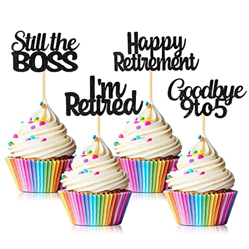 24 Stück Happy Retirement Cupcake Toppers, I'm Retired Still the Boss Goodbye 9 bis 5 Kuchen-Picks Dekorationen für Ruhestand Thema Abschiedsparty (Glitzer Schwarz) von Hengmerry