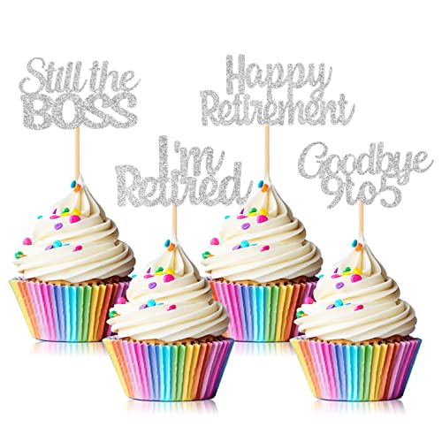 24 Stück Happy Retirement Cupcake Toppers, I'm Retired Still the Boss Goodbye 9 bis 5 Kuchen-Picks Dekorationen für Ruhestand Thema Abschiedsparty (Glitzer Silber) von Hengmerry