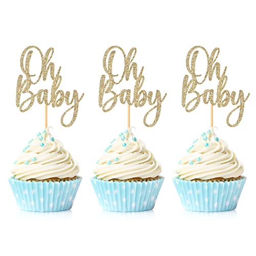 24 Stück Oh Baby Cupcake Topper Light Gold Glitter Baby Shower Kuchen Dekorationen Jungen Mädchen Geburtstag Party Supplies von Hengmerry