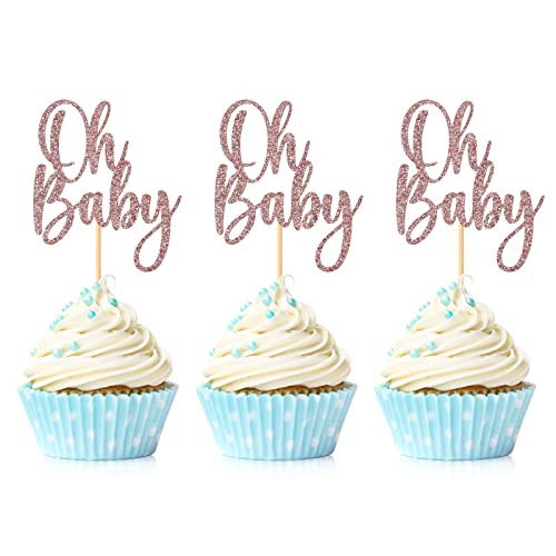 24 Stück Oh Baby Cupcake Topper Rose Gold Glitter Baby Shower Kuchen Dekorationen Jungen Mädchen Geburtstag Party Supplies von Hengmerry