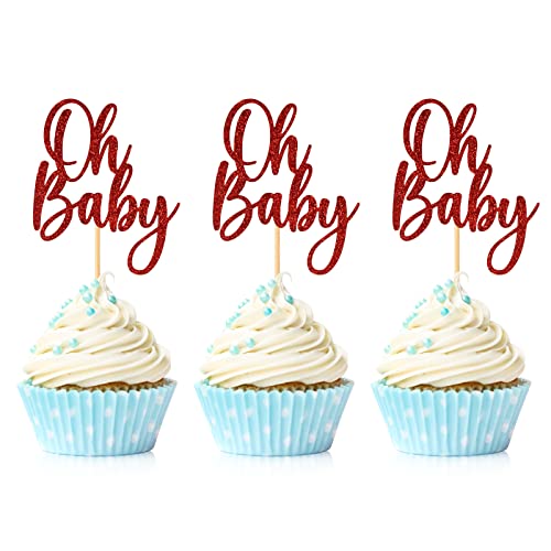 24 Stück Oh Baby Cupcake Topper Rot Glitter Baby Shower Kuchen Dekorationen Jungen Mädchen Geburtstag Party Supplies von Hengmerry