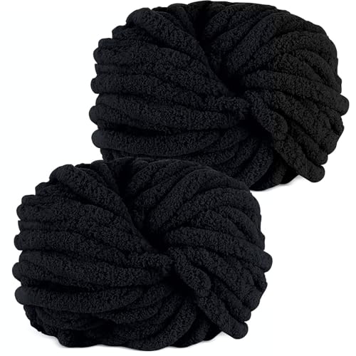 Hengrongshen Dicke Wolle Dickes Garn 2 Stück 500g, Chunky Yarn, Chunky Wool, Armstricken Wolle zum Häkeln für Decke, XXL Riesen Wolle Perfekt zum Weben von Schals Mützen Haustier Nest - Schwarz von Hengrongshen