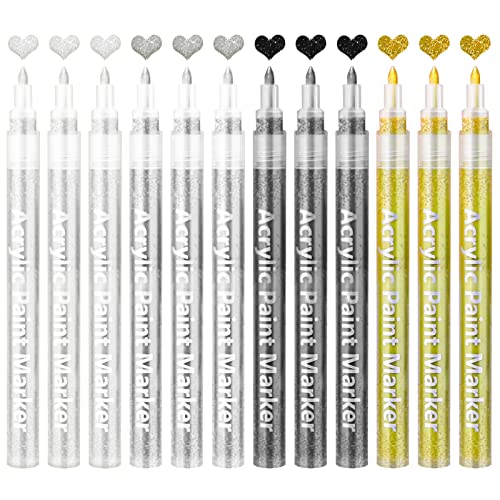 Hengxinc 12 Stück Metallic Stifte 0.7mm Metallic Marker Dauerhaft Metallic Marker Stifte Set 4 Farben Goldener Stift Silberstift Schwarz und Weiß Stifte Metallic Stifte für Gästebuch von Hengxinc