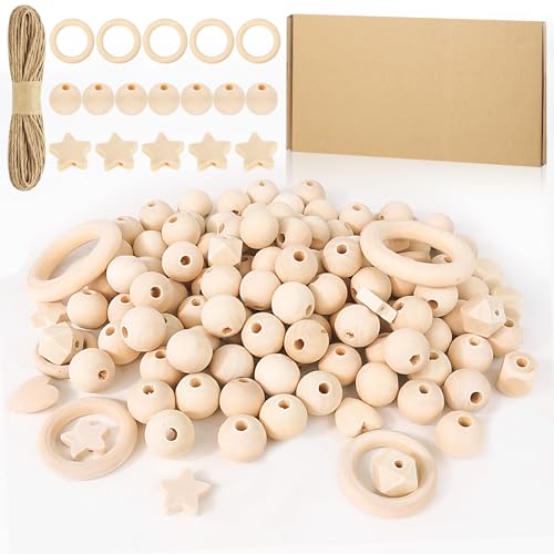 Hengxinchen 132 Stück Holzperlen Makramee Set 20MM, 30MM DIY Holzringe zum Basteln, Holzkugeln mit Loch Kit Enthält 115 Holzperlen Natur, 5 Holzringe, 12 Holzstern Makramee Zubehör von Hengxinchen