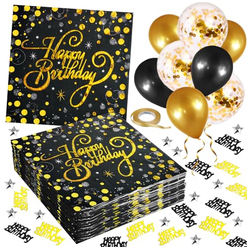 Hengxinchen 40 Stück Servietten Schwarz Gold 33cm*33cm Servietten Geburtstag Happy Birthday Servietten Schwarz Gold mit Geburtstagsballon Konfetti von Hengxinchen