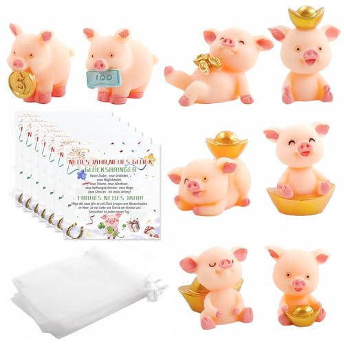 24 teiliges Set Glücksschweinchen Figuren+Neujahrskarten+Organzasäckchen,Glücksschweinchen Mini Glücksbringer Schweinchen Mini Schweinchen Glücksschwein Silvester Glücksbringer Schwein Glücksbringer von Henjunu