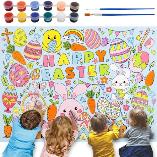 Ausmalen Tischdecke Ostern, Happy Easter Ausmal-Tischdecke, Ostertischdecke Bemalbare, Ostern Tischdecke zum Ausmalen, Papier-Tischdecke Ostern zum Ausmalen, mit 12 Farben und 2 Pinsel von Henjunu