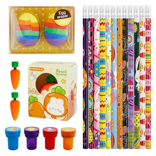 Henjunu Ostern HB Bleistifte Set,12 Stück bleistifte kinder,2 Stück Radiergummi Osterei,2 Stück Karotte Radiergummi,4 Stück Kinder Selbstfärbend Stempel,1 Stück Bleistiftspitzer,Ostergeschenke Kinder von Henjunu