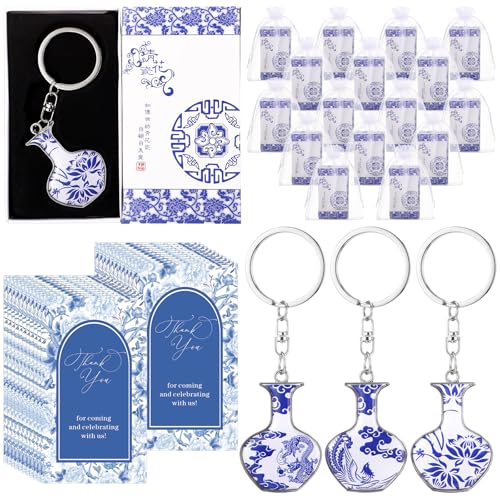 Henoyso 20 Sets Hochzeits-Schlüsselanhänger für Gäste, blaue und weiße Chinoiserie, Hochzeitsdekoration, Porzellan, floraler Schlüsselanhänger in Geschenkbox, Kartentasche für Brautparty, Babyparty, von Henoyso