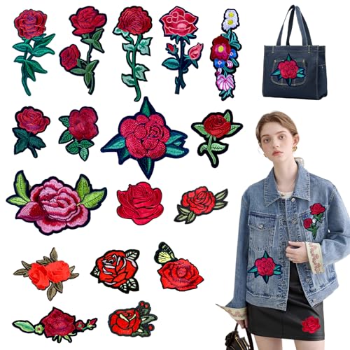 17 Stück rote Rose bestickte Flicken große Blume Applikation Patches rot Floral Aufnäher für Kleidung Kleid Hüte Jeans Jacke Taschen Rucksäcke DIY Handwerk Herstellung Applikationen Verzierungen von Heogacinlia