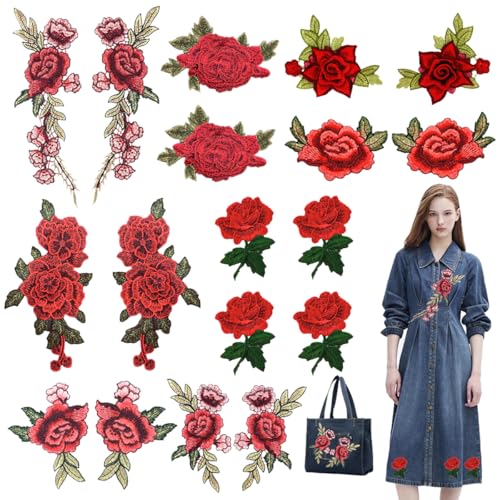 18 Stück rote Rose bestickte Flicken große Blume Applikation Patches rot Floral Aufnäher für Kleidung Kleid Hüte Jeans Jacke Taschen Rucksäcke DIY Handwerk Herstellung Applikationen Verzierungen (muss von Heogacinlia