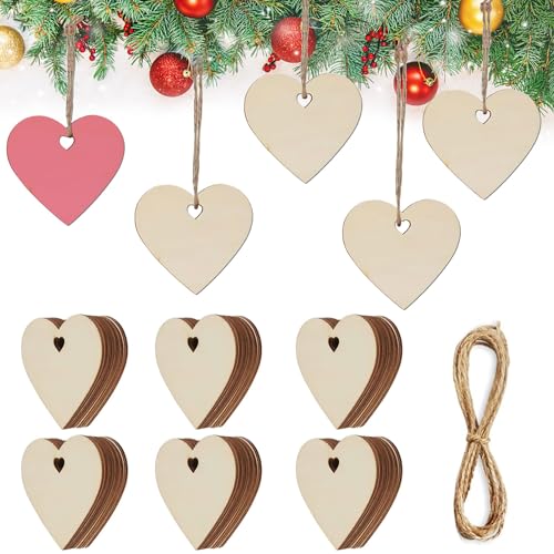 60 Pcs Holz Anhänger Weihnachten，8cm Geschenkanhänger Holz Herz Holzscheiben Anhänger mit Hanfseil，Holzanhänger Basteln Holzherzen Hochzeit Deko für Valentinstag Weihnachten Geburtstag Jubiläum von Heqishun