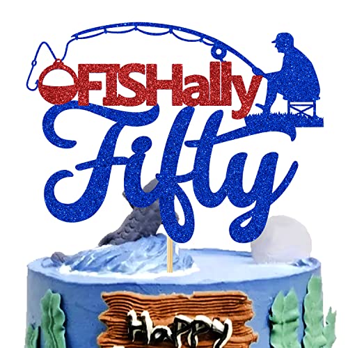 Fisherman Ofishally Fifty Cake Topper, Happy 50th Birthday Kuchen Dekor für Mann, Gone Fishing Dekorationen, Fisherman 50 Years Old Birthday Party Supplies, Blau und Rot von Hequoyer