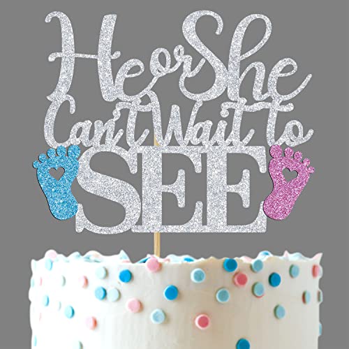 Glitter He Or She Can't Wait To See Cake Topper – Gender Reveal / Baby Shower Party Dekoration – Jungen oder Mädchen Kuchendekoration / Foto-Requisiten von Hequoyer