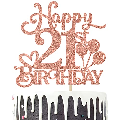 Happy 21st Birthday Cake Topper, Hello 21, Cheers to 21 Years, 21st Birthday/Anniversary Party Dekoration Supplies for Girl, Rose Gold Glitter von Hequoyer