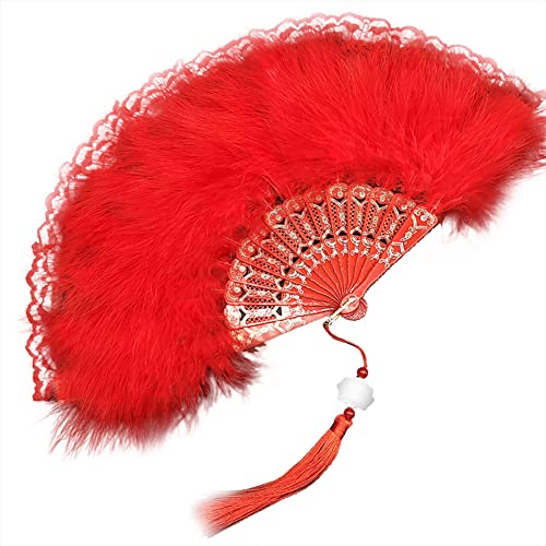 Damen Fächer Feder,20er Jahre Vintage-Stil mit Marabou-Feder Hochzeitsfächer Faltfächer Tanzfächer Spanische Viktorianischen Faltbhandfächer Damen Kostüm Tanzpartys Flapper Zubehör für Frauen,Rot von Herbests