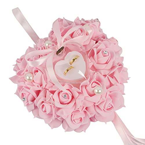 Ehering Kissen,Romantische Rosen-Herzform Ehering Box Satin Bowknot und Strass Herzförmig Ringhalter Hochzeits-Ringkissen Geschenk Ring Box Kissen Schmuckschatulle Für Eheringe Ringe,Rosa von Herbests