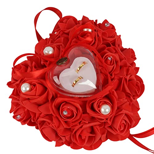 Ehering Kissen,Romantische Rosen-Herzform Ehering Box Satin Bowknot und Strass Herzförmig Ringhalter Hochzeits-Ringkissen Geschenk Ring Box Kissen Schmuckschatulle Für Eheringe Ringe,Rot von Herbests