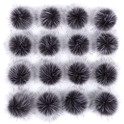 Kunstpelz Pompon Fellbommel,16 Stück Faux Fuchspelz Kunstfell Pompon mit elastischer Schlaufe Flaumige Pompom DIY 10cm für Mützen Tasche Schals Schlüsselanhänger Dekoration Zubehör,Weiss Grau von Herbests